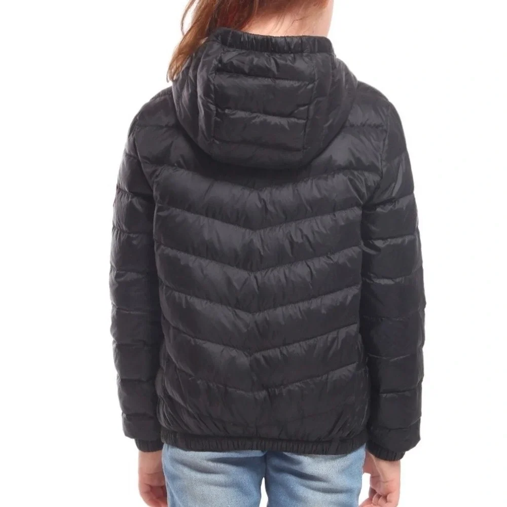 Rokka & Rolla Kids Black Down Puffer Jacket Hooded Packable Pink Zip Sz L 10-12‎